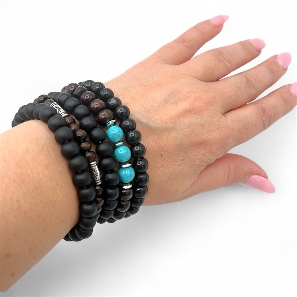 Handmade wooden beads stretch bracelets Set of 5, NEW!